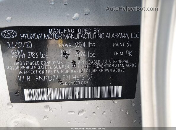 5NPD74LF7LH612157 2020 HYUNDAI ELANTRA Silver Вид підкапотного простору