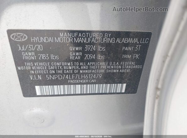 5NPD74LF7LH612479 2020 HYUNDAI ELANTRA Silver Engine compartment view