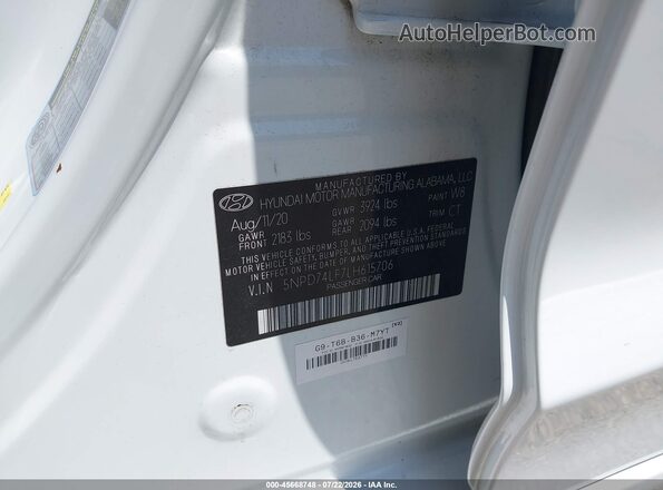 5NPD74LF7LH615706 2020 HYUNDAI ELANTRA Белый Вид подкапотного пространства