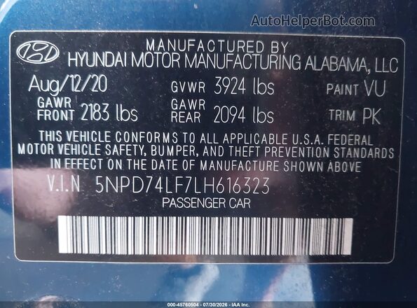 5NPD74LF7LH616323 2020 HYUNDAI ELANTRA Blue Widok komory silnika