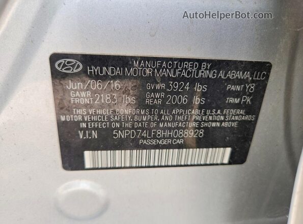 5NPD74LF8HH088928 2017 HYUNDAI ELANTRA Silver VIN sticker view