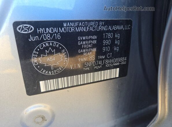 5NPD74LF8HH089884 2017 HYUNDAI ELANTRA Серебряный Вид наклейки с VIN-кодом