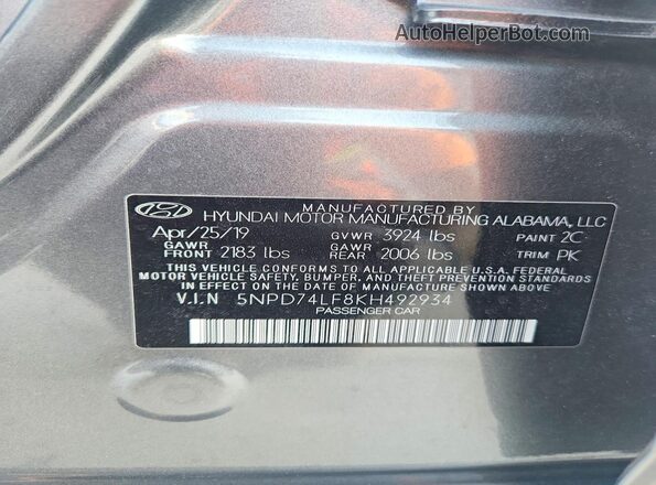 5NPD74LF8KH492934 2019 HYUNDAI ELANTRA Gray VIN կոդի պիտակի տեսք