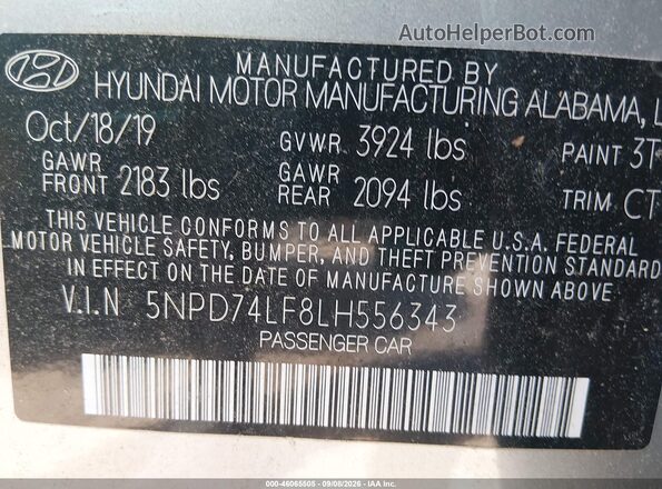 5NPD74LF8LH556343 2020 HYUNDAI ELANTRA Silver ძრავის განყოფილების ხედი
