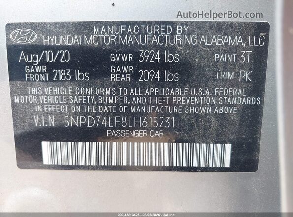 5NPD74LF8LH615231 2020 HYUNDAI ELANTRA Silver ძრავის განყოფილების ხედი
