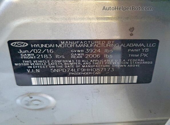 5NPD74LF9HH087173 2017 HYUNDAI ELANTRA Silver VIN sticker view