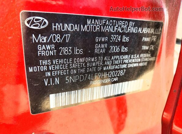 5NPD74LF9HH202287 2017 HYUNDAI ELANTRA Красный Вид подкапотного пространства