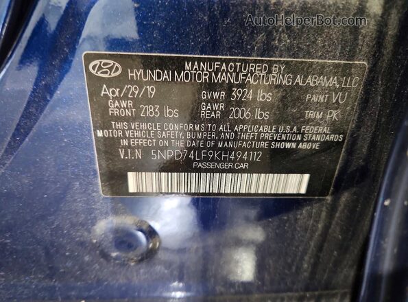 5NPD74LF9KH494112 2019 HYUNDAI ELANTRA Blue Vista del compartimento del motor