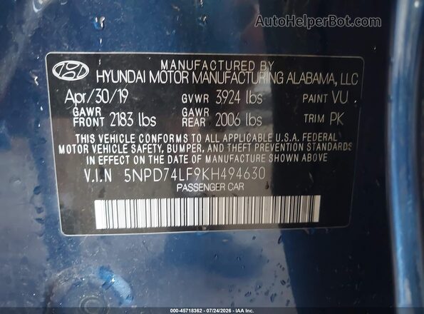 5NPD74LF9KH494630 2019 HYUNDAI ELANTRA Синий Вид подкапотного пространства