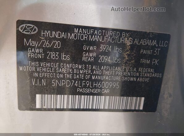 5NPD74LF9LH600995 2020 HYUNDAI ELANTRA Silver Вид підкапотного простору