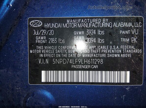 5NPD74LF9LH611298 2020 HYUNDAI ELANTRA Blue Vista del compartimento del motor