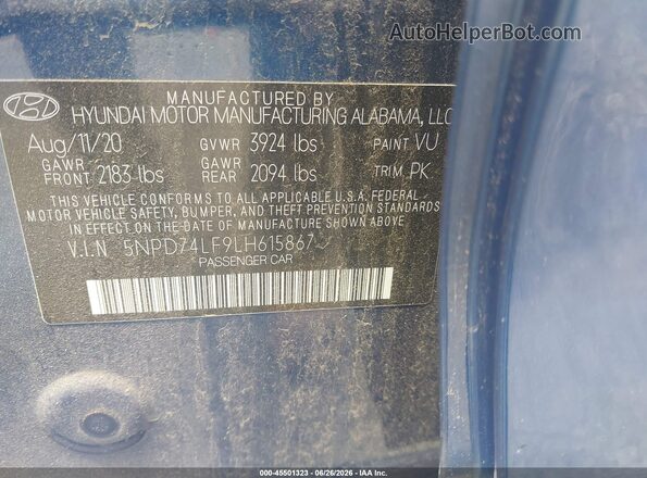 5NPD74LF9LH615867 2020 HYUNDAI ELANTRA Blue Вид підкапотного простору