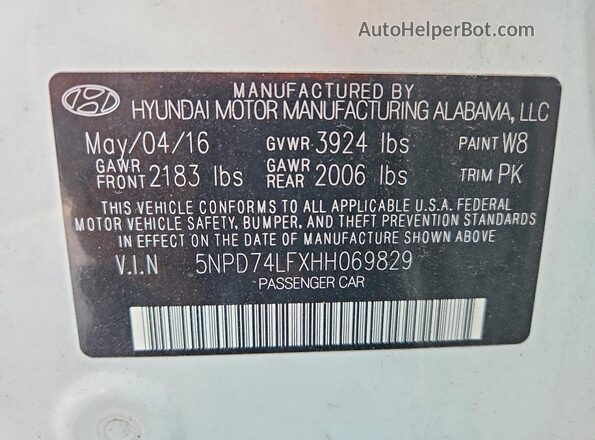 5NPD74LFXHH069829 2017 HYUNDAI ELANTRA White Vista de la etiqueta del VIN