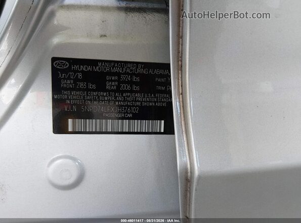 5NPD74LFXJH376102 2018 HYUNDAI ELANTRA Silver Vista del compartimento del motor