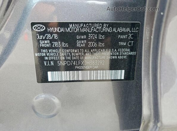 5NPD74LFXJH383292 2018 HYUNDAI ELANTRA Gray ძრავის განყოფილების ხედი