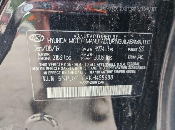 5NPD74LFXKH455688 2019 HYUNDAI ELANTRA Black Vista del compartimento del motor