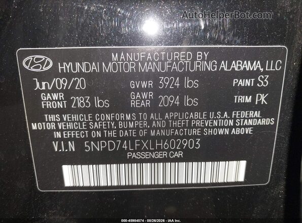5NPD74LFXLH602903 2020 HYUNDAI ELANTRA Black ძრავის განყოფილების ხედი