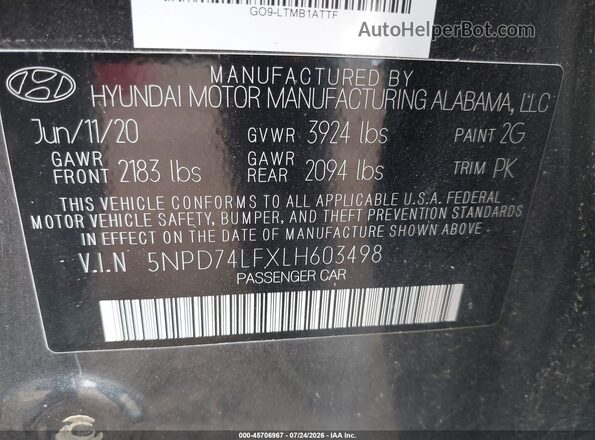 5NPD74LFXLH603498 2020 HYUNDAI ELANTRA Gray Вид підкапотного простору