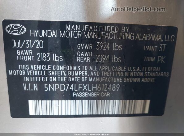 5NPD74LFXLH612489 2020 HYUNDAI ELANTRA Серебряный Вид подкапотного пространства