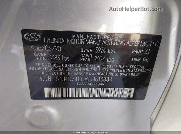 5NPD74LFXLH613884 2020 HYUNDAI ELANTRA Silver Вид підкапотного простору