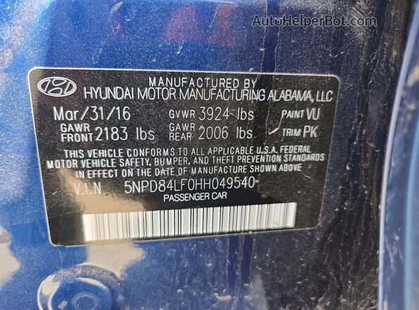 5NPD84LF0HH049540 2017 HYUNDAI ELANTRA Blue VIN sticker view