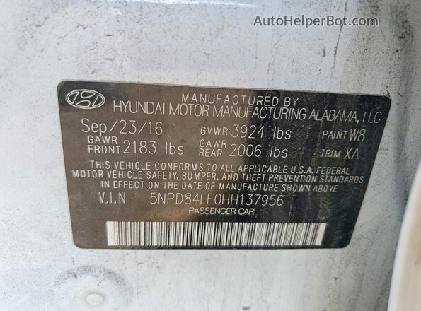 5NPD84LF0HH137956 2017 HYUNDAI ELANTRA White VIN sticker view