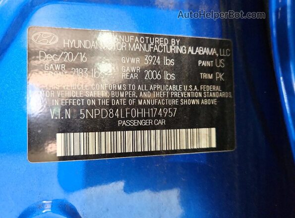 5NPD84LF0HH174957 2017 HYUNDAI ELANTRA Blue Vista de la etiqueta del VIN