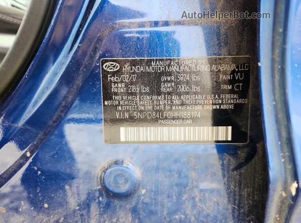 5NPD84LF0HH188194 2017 HYUNDAI ELANTRA Blue Vista del compartimento del motor