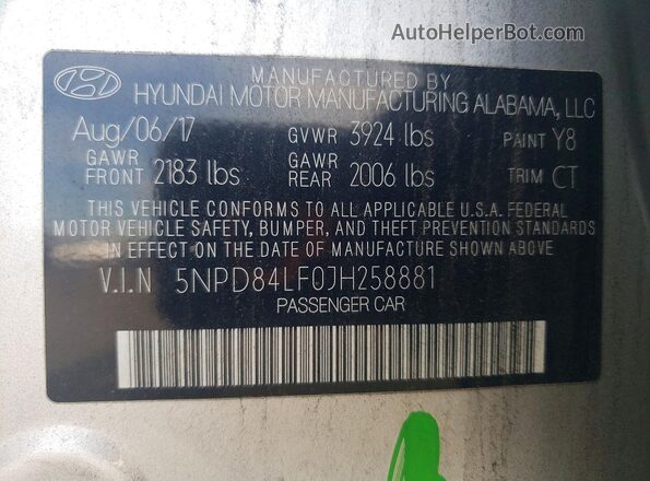 5NPD84LF0JH258881 2018 HYUNDAI ELANTRA Серебряный Вид наклейки с VIN-кодом