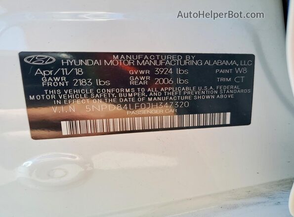 5NPD84LF0JH347320 2018 HYUNDAI ELANTRA White VIN կոդի պիտակի տեսք