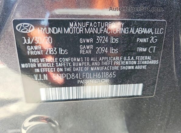 5NPD84LF0LH611865 2020 HYUNDAI ELANTRA Charcoal Vista de la etiqueta del VIN
