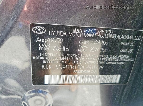 5NPD84LF0LH613499 2020 HYUNDAI ELANTRA Charcoal Vista de la etiqueta del VIN