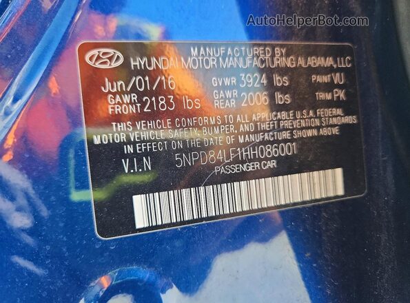 5NPD84LF1HH086001 2017 HYUNDAI ELANTRA Blue VIN კოდის სტიკერის ხედი