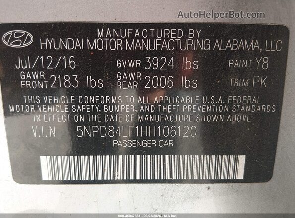 5NPD84LF1HH106120 2017 HYUNDAI ELANTRA Silver Շարժիչի բաժամունքի տեսք