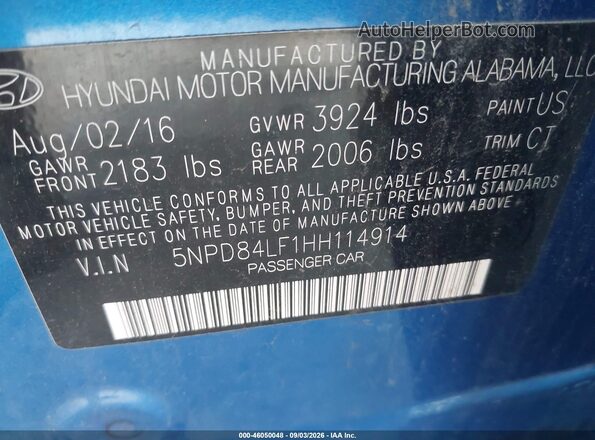 5NPD84LF1HH114914 2017 HYUNDAI ELANTRA Blue ძრავის განყოფილების ხედი