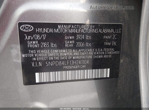 5NPD84LF1JH241104 2018 HYUNDAI ELANTRA Gray Widok komory silnika