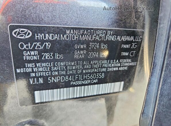 5NPD84LF1LH560358 2020 HYUNDAI ELANTRA Charcoal Вид підкапотного простору