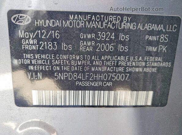 5NPD84LF2HH075007 2017 HYUNDAI ELANTRA Silver Widok komory silnika