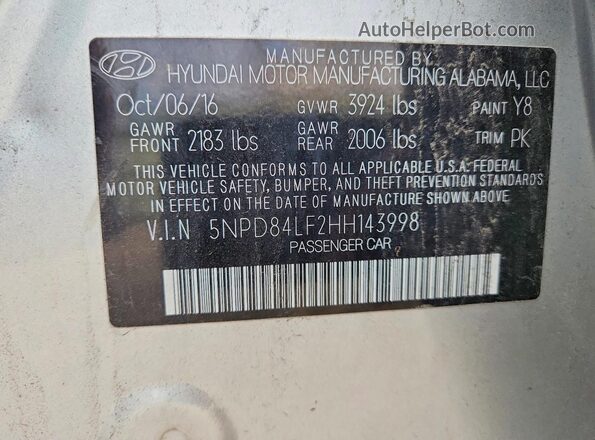 5NPD84LF2HH143998 2017 HYUNDAI ELANTRA Silver VIN კოდის სტიკერის ხედი