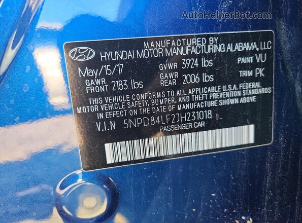 5NPD84LF2JH231018 2018 HYUNDAI ELANTRA Синий Вид подкапотного пространства