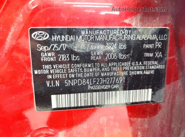 5NPD84LF2JH277691 2018 HYUNDAI ELANTRA Red Vista de la etiqueta del VIN