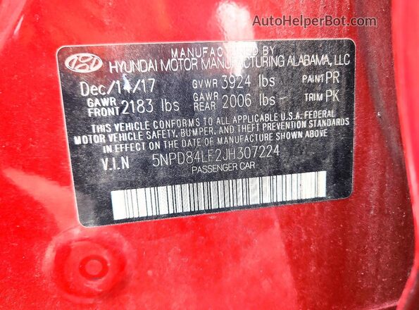 5NPD84LF2JH307224 2018 HYUNDAI ELANTRA Red VIN sticker view