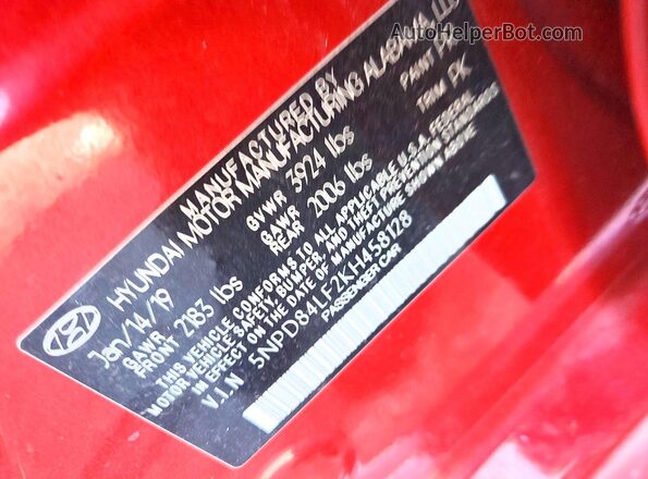 5NPD84LF2KH458128 2019 HYUNDAI ELANTRA Red ძრავის განყოფილების ხედი