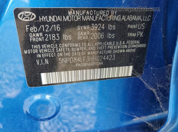 5NPD84LF3HH024423 2017 HYUNDAI ELANTRA Blue Vista del compartimento del motor