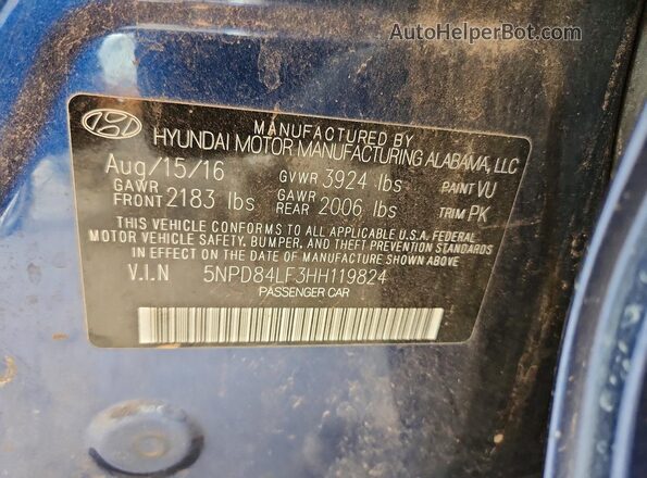 5NPD84LF3HH119824 2017 HYUNDAI ELANTRA Blue Vista del compartimento del motor