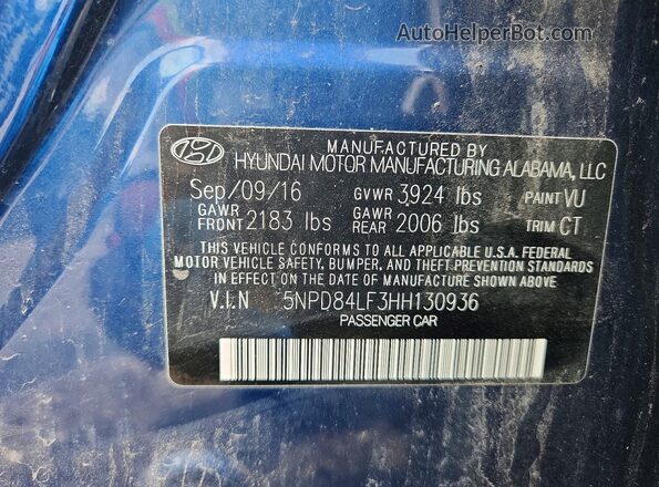 5NPD84LF3HH130936 2017 HYUNDAI ELANTRA Blue ძრავის განყოფილების ხედი