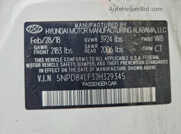 5NPD84LF3JH329345 2018 HYUNDAI ELANTRA Белый Вид наклейки с VIN-кодом