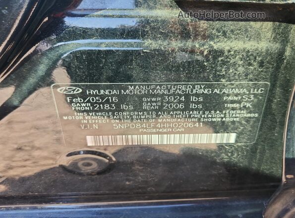 5NPD84LF4HH020641 2017 HYUNDAI ELANTRA Black VIN կոդի պիտակի տեսք