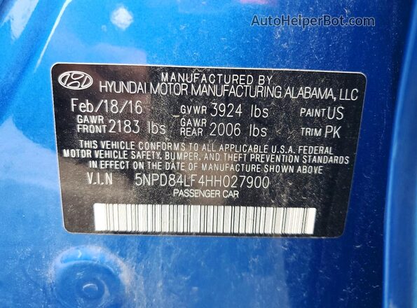 5NPD84LF4HH027900 2017 HYUNDAI ELANTRA Синий Вид подкапотного пространства