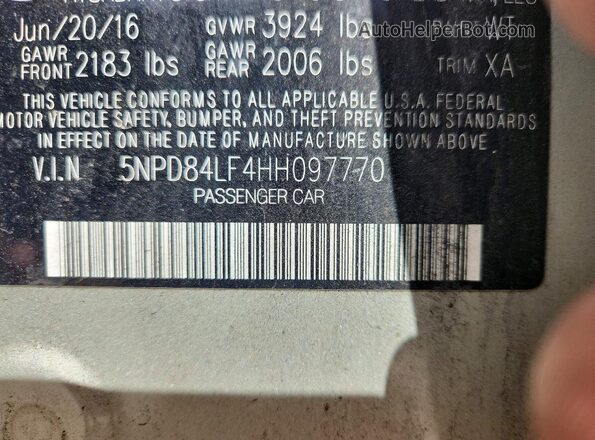 5NPD84LF4HH097770 2017 HYUNDAI ELANTRA Silver VIN კოდის სტიკერის ხედი